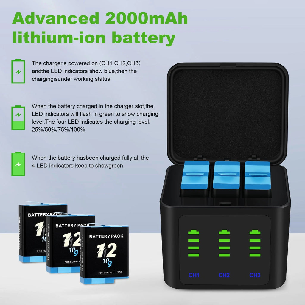 ?3Pack Batteries & 3 Channel Charging Station For GoPro Hero 12 11 10 9 Camera