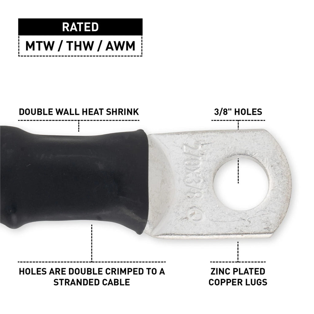 2/0 Black Battery Interconnect Cable 18" with 3/8" Lugs ASSEMBLED IN USA