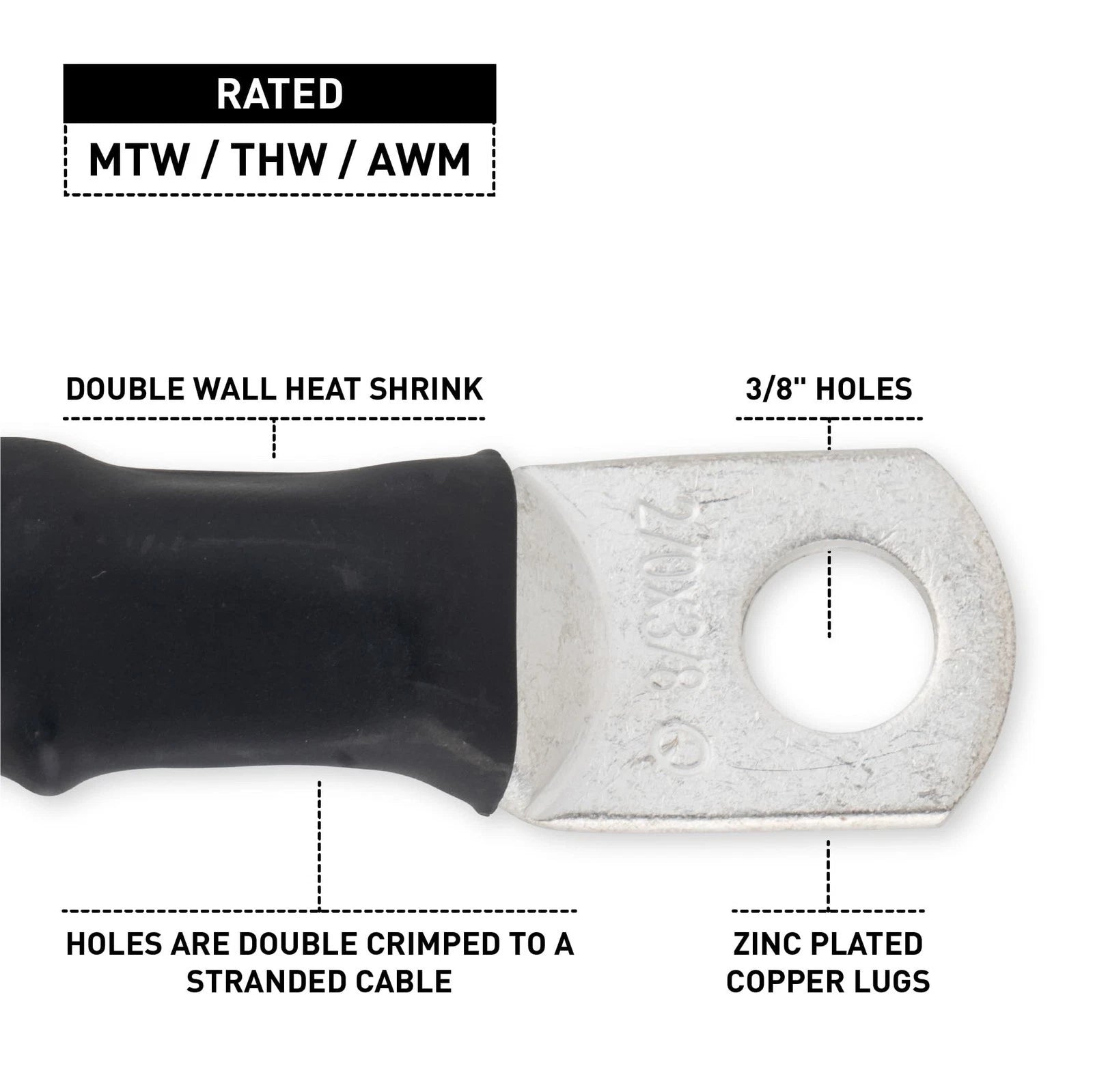 2/0 Black Battery Interconnect Cable 18" with 3/8" Lugs ASSEMBLED IN USA
