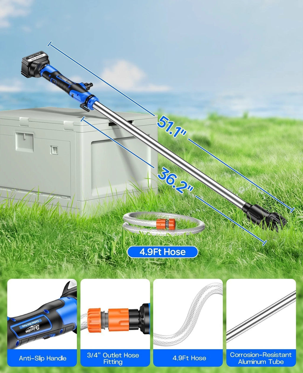 Cordless Electric Stick Water Transfer Pump Anti-Clog Filter /W 2X 4.0Ah Battery