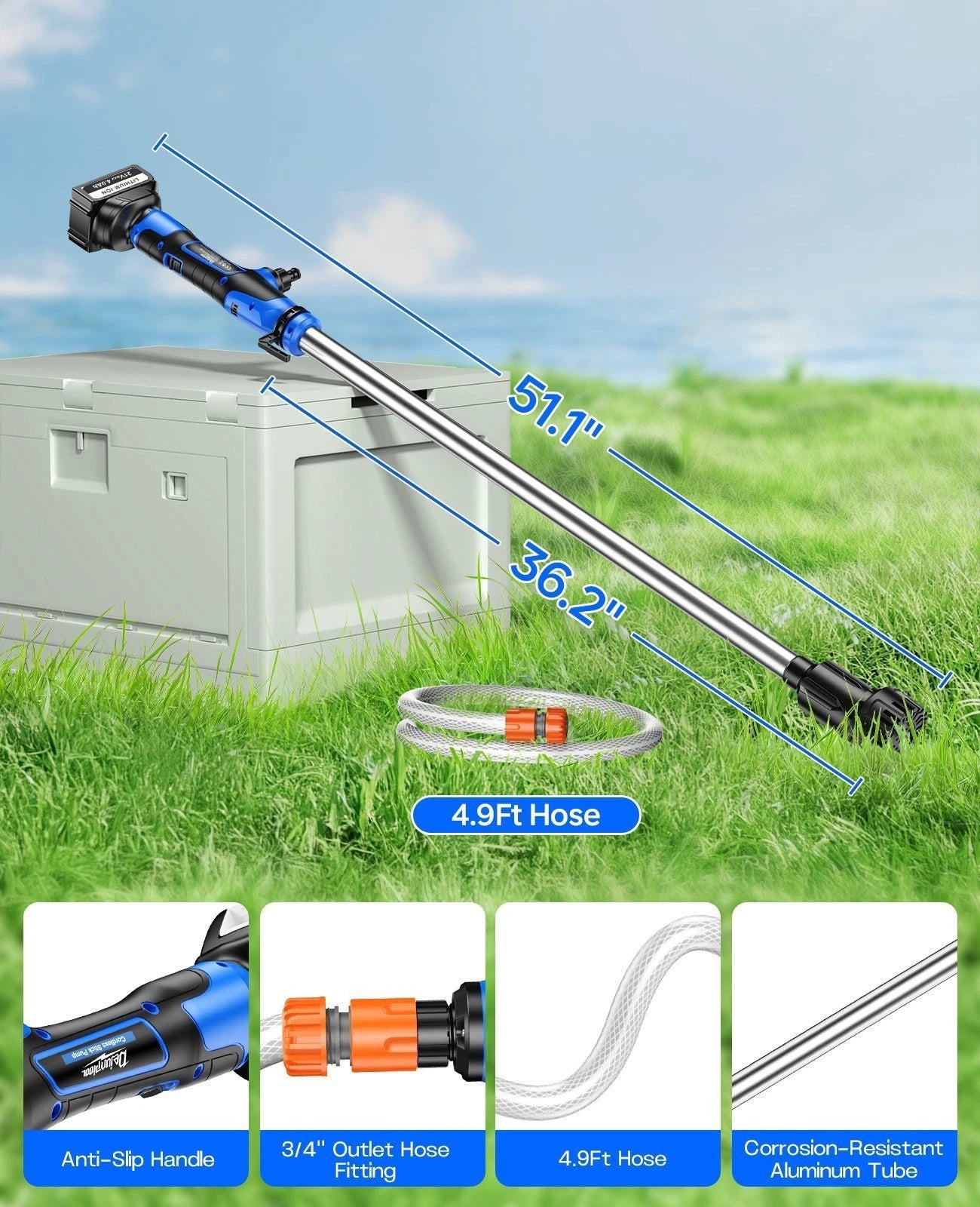 Cordless Electric Stick Water Transfer Pump Anti-Clog Filter /W 2X 4.0Ah Battery