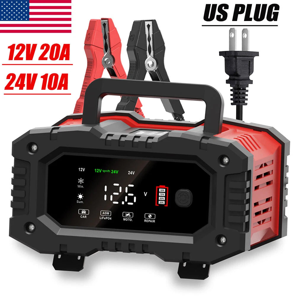 Smart Car Battery Charger 12V 20A 24V 10A Maintainer LiFePO4 AGM Trickle Charger
