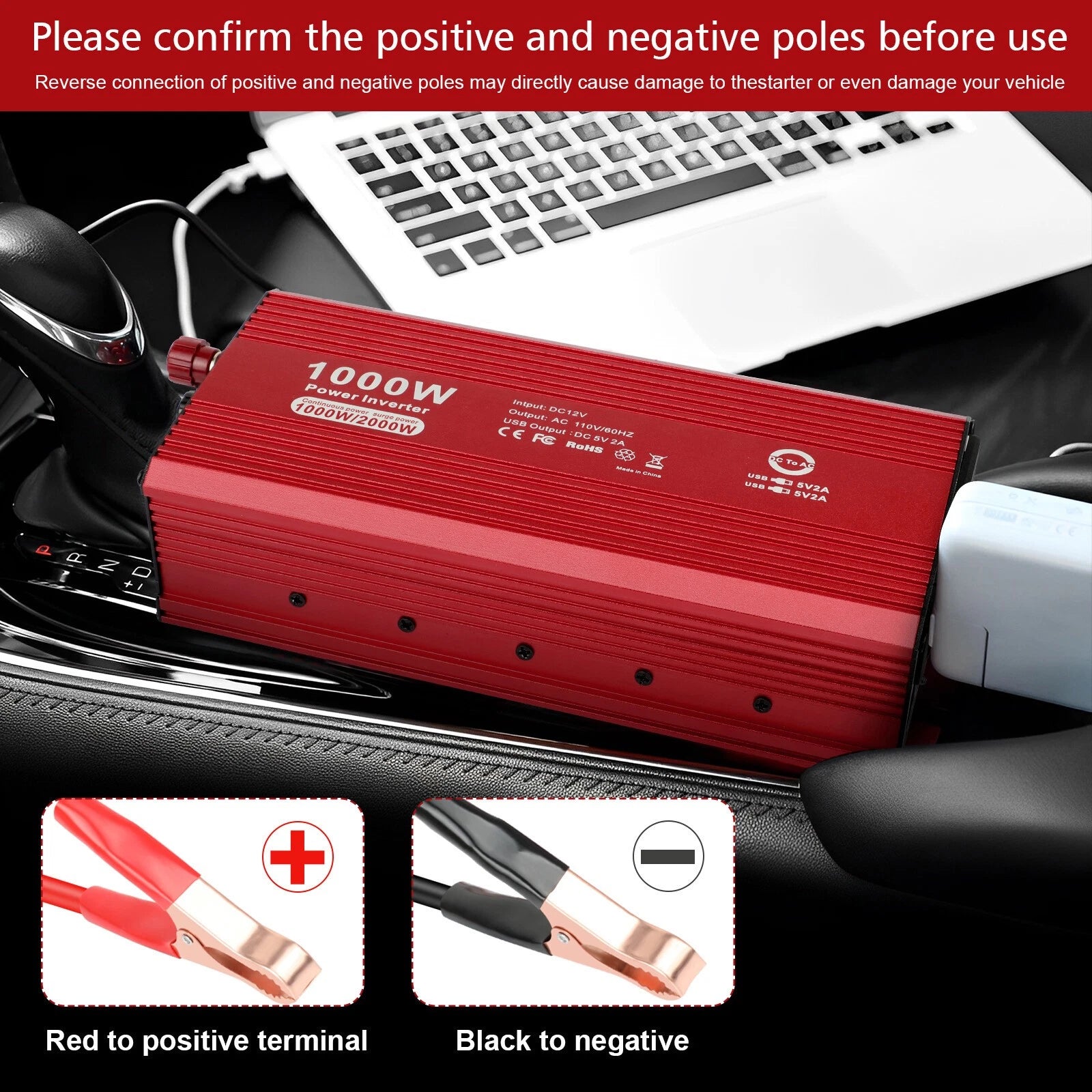 1000W Car Power Inverter DC 12V To AC 110V 120V Adaptor Converter 2 USB Charger