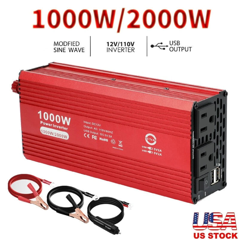 1000W Car Power Inverter DC 12V To AC 110V 120V Adaptor Converter 2 USB Charger
