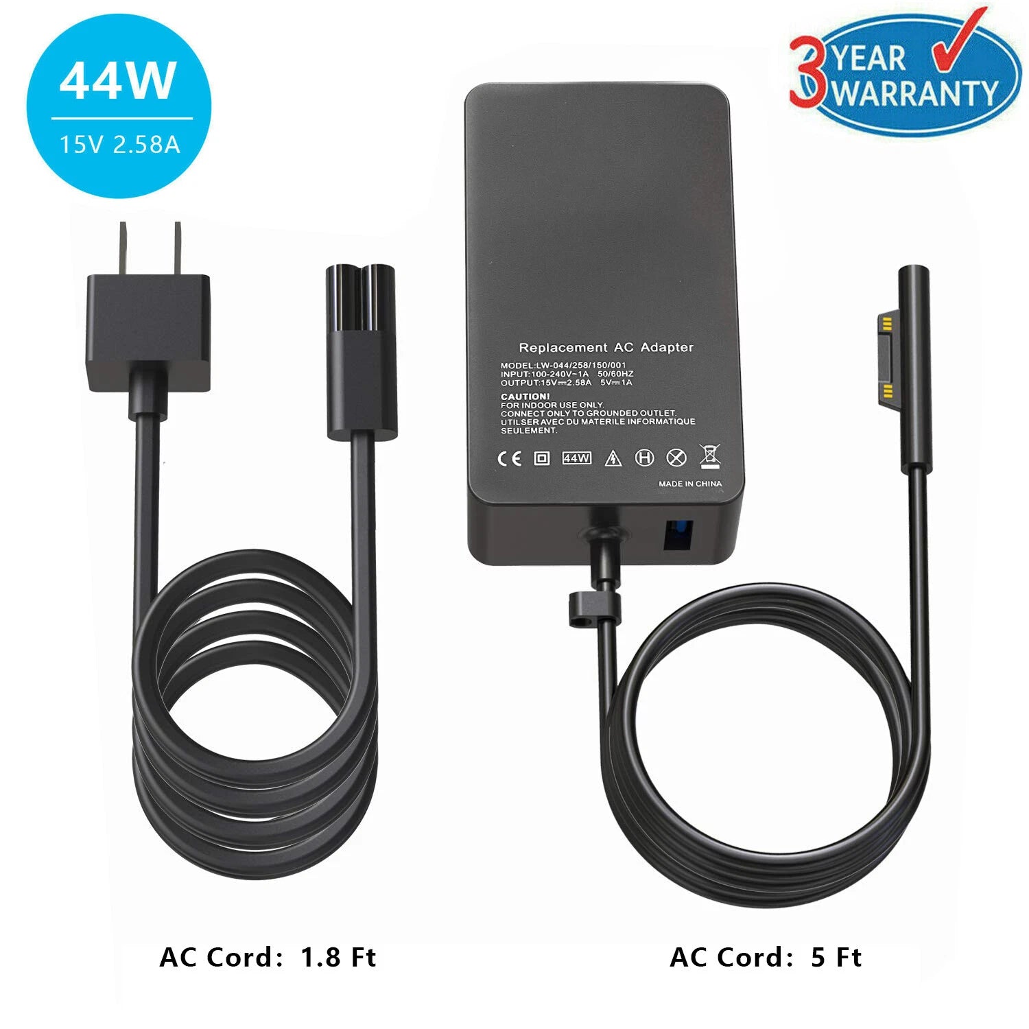 44W Charger for Microsoft Surface Pro 7 6 5 4 3, Go, Laptop Power Supply Adapter