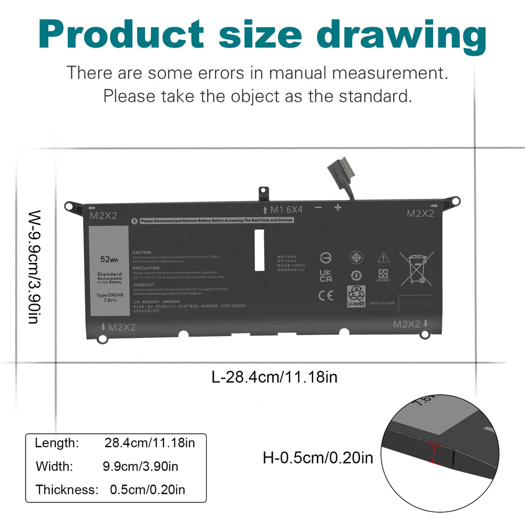DXGH8 Battery for Dell XPS 13 9370 9380 7390 0H754V Inspiron 13 5390 5391 Series