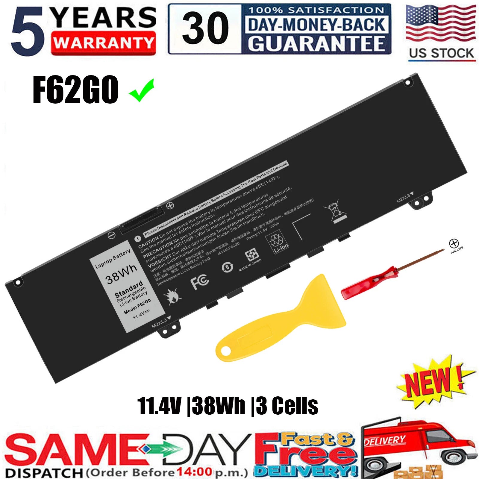 FOR DELL F62G0 Battery for Dell-Inspiron 13 5370 7370 7380 7386 7373 P83G 38Wh