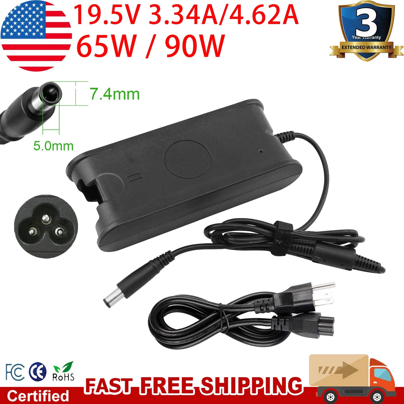 AC Adapter Charger Power Cord 65W For Dell Latitude E5420 E6250 E6320 E7450