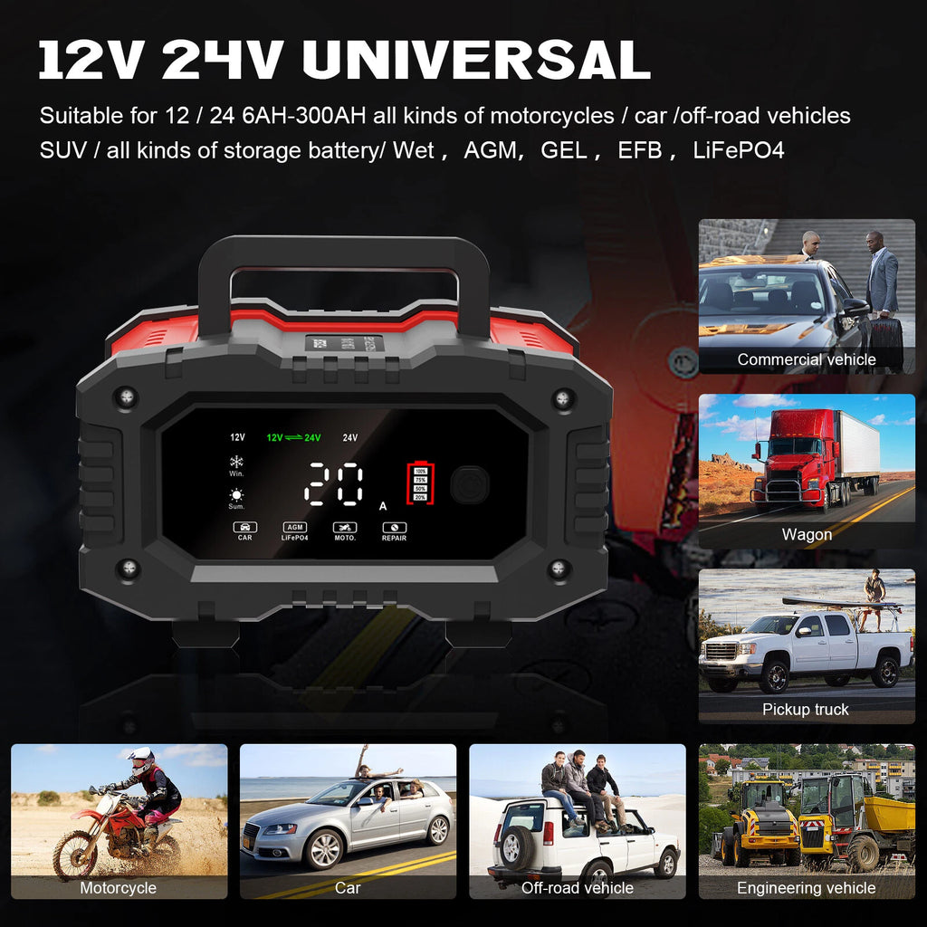 20A 12V 24V 10A Smart Car Battery Charger LiFePO4 Maintainer Trickle Charger US