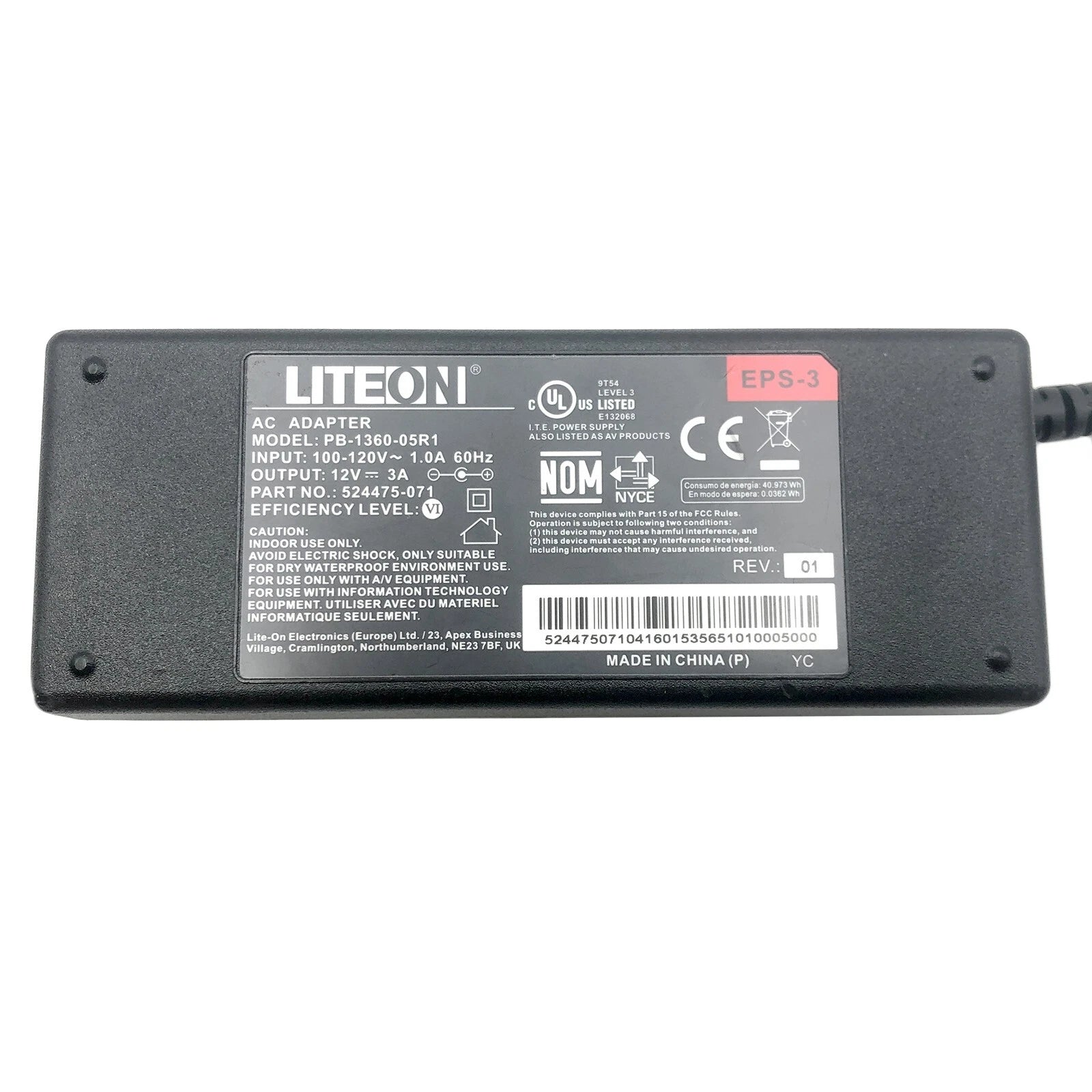 NEW Genuine Liteon EPS-3 PB-1360-05R1 AC/DC Power Supply Adapter 12V 3A 36W