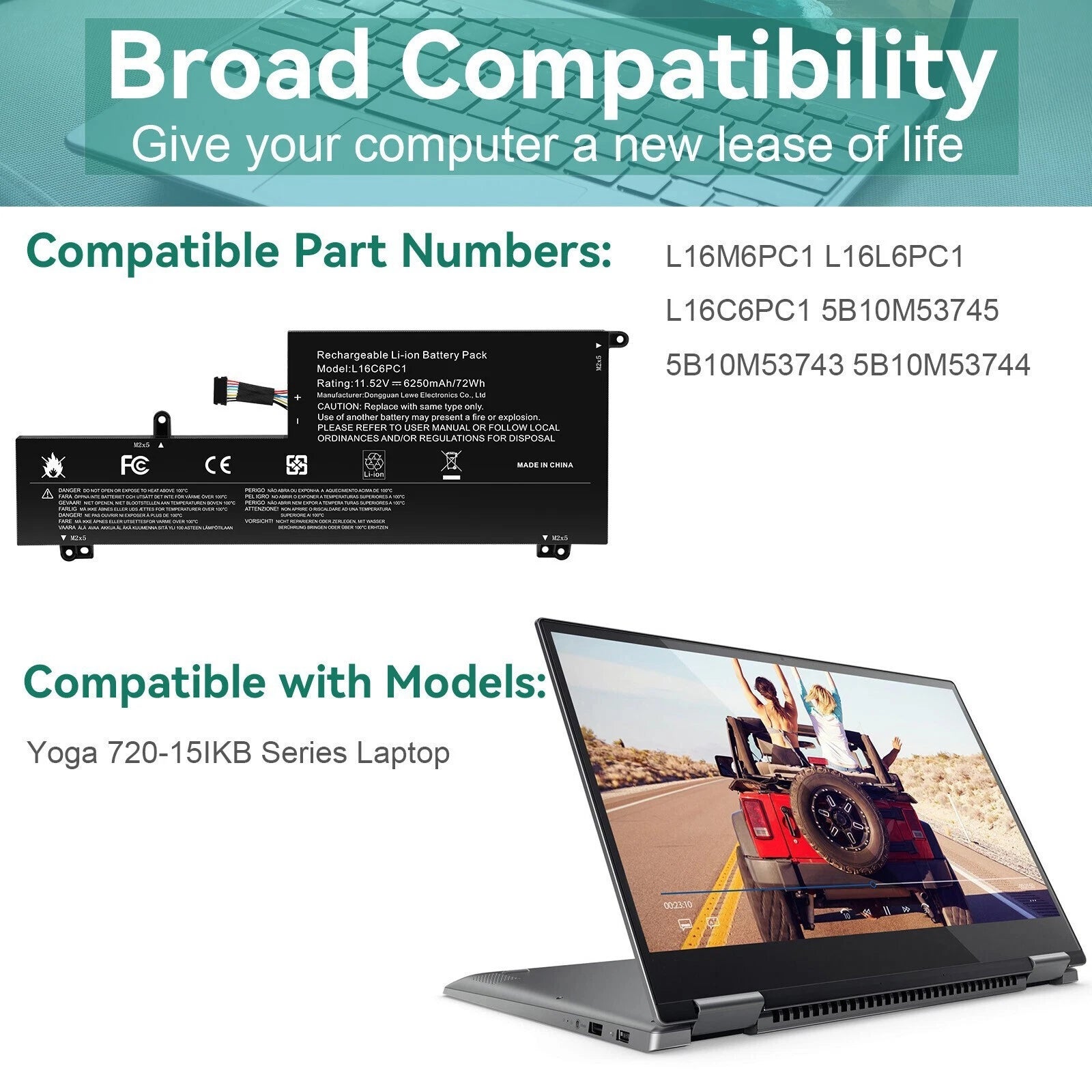 ?Replace L16M6PC1 L16C6PC1 L16L6PC1 Battery For Lenovo Yoga 720-15IKB 5B10M53745