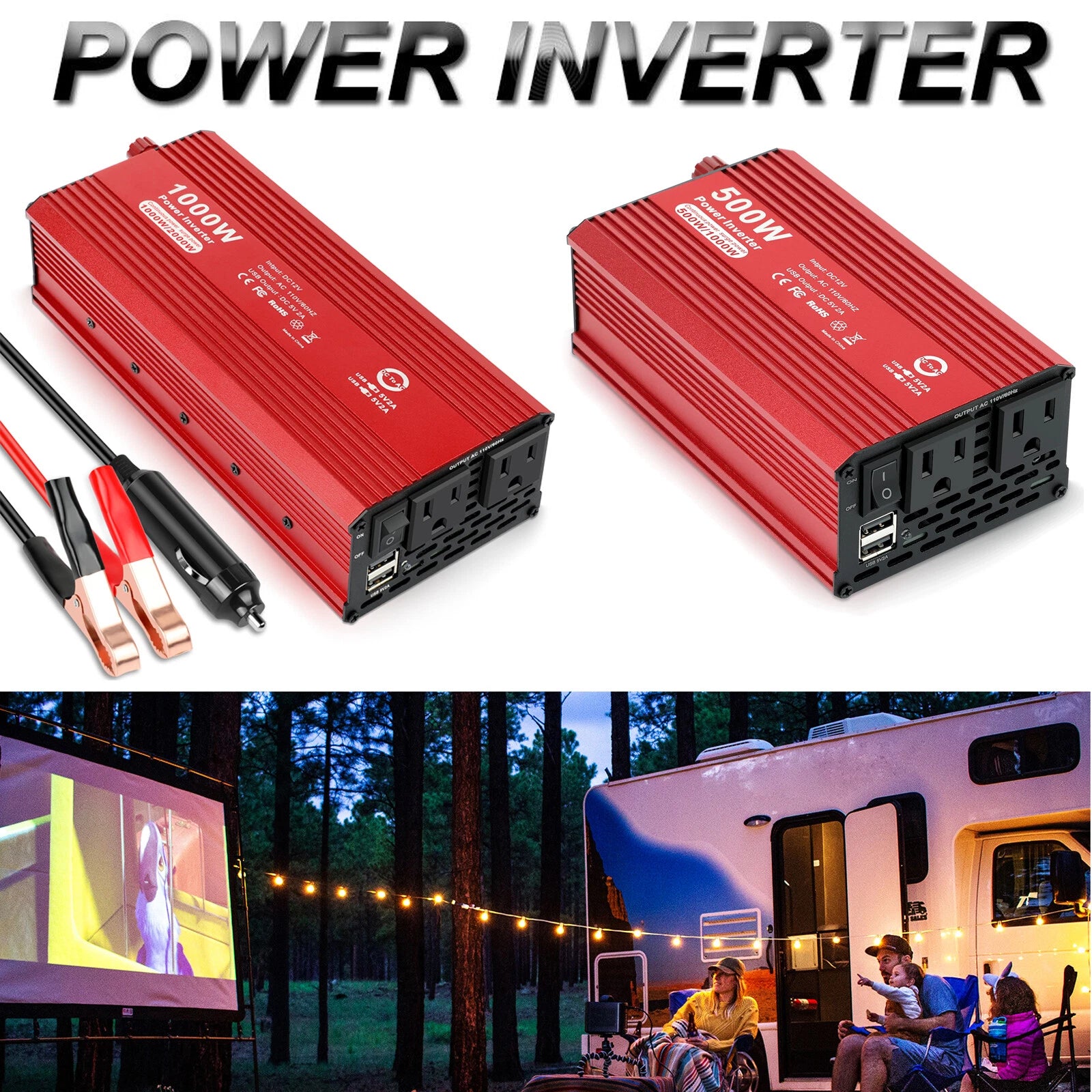 500W 1000W Car Power Inverter DC 12V to AC 110V Converter Adapter Charger Outlet