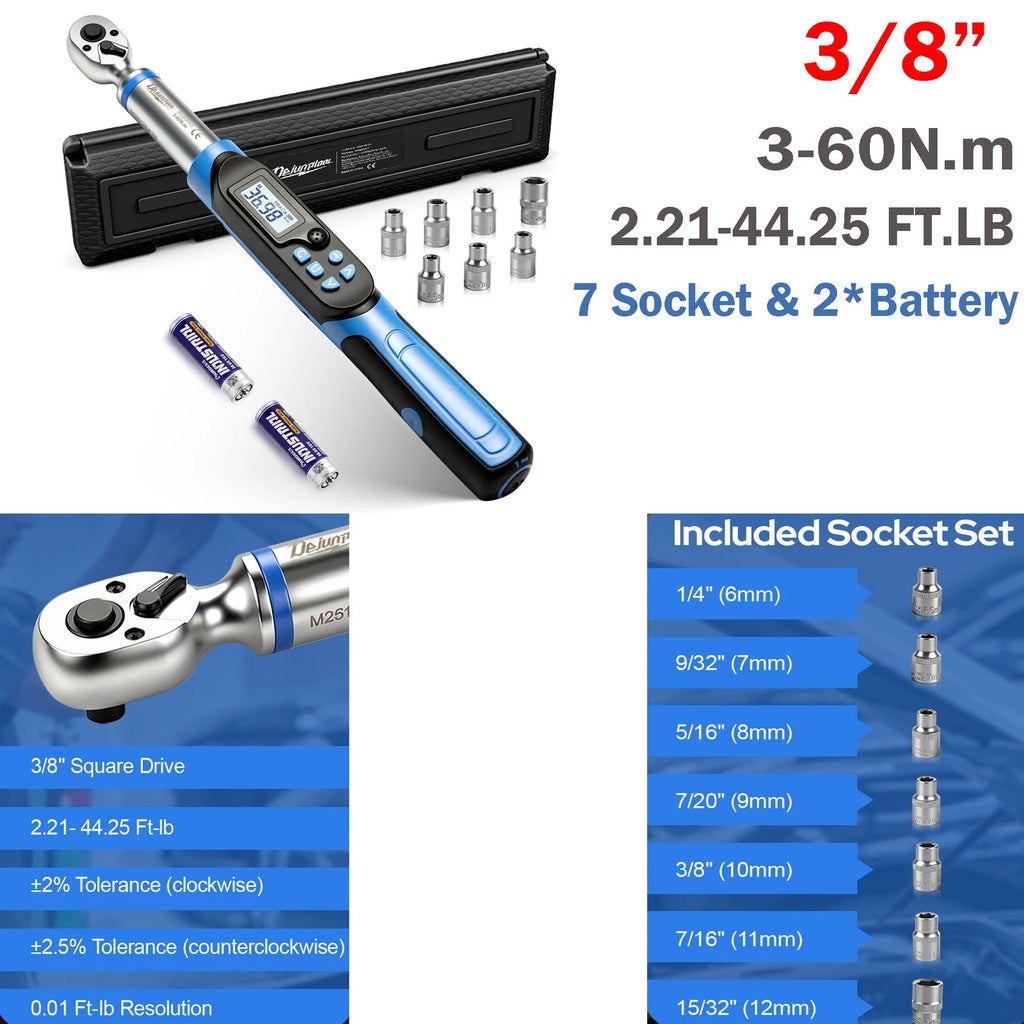 ??3/8" Digital Torque Wrench 3-60NM 2.21-44.28 FT.LB+7Sockets &2*Battery 2026NEW