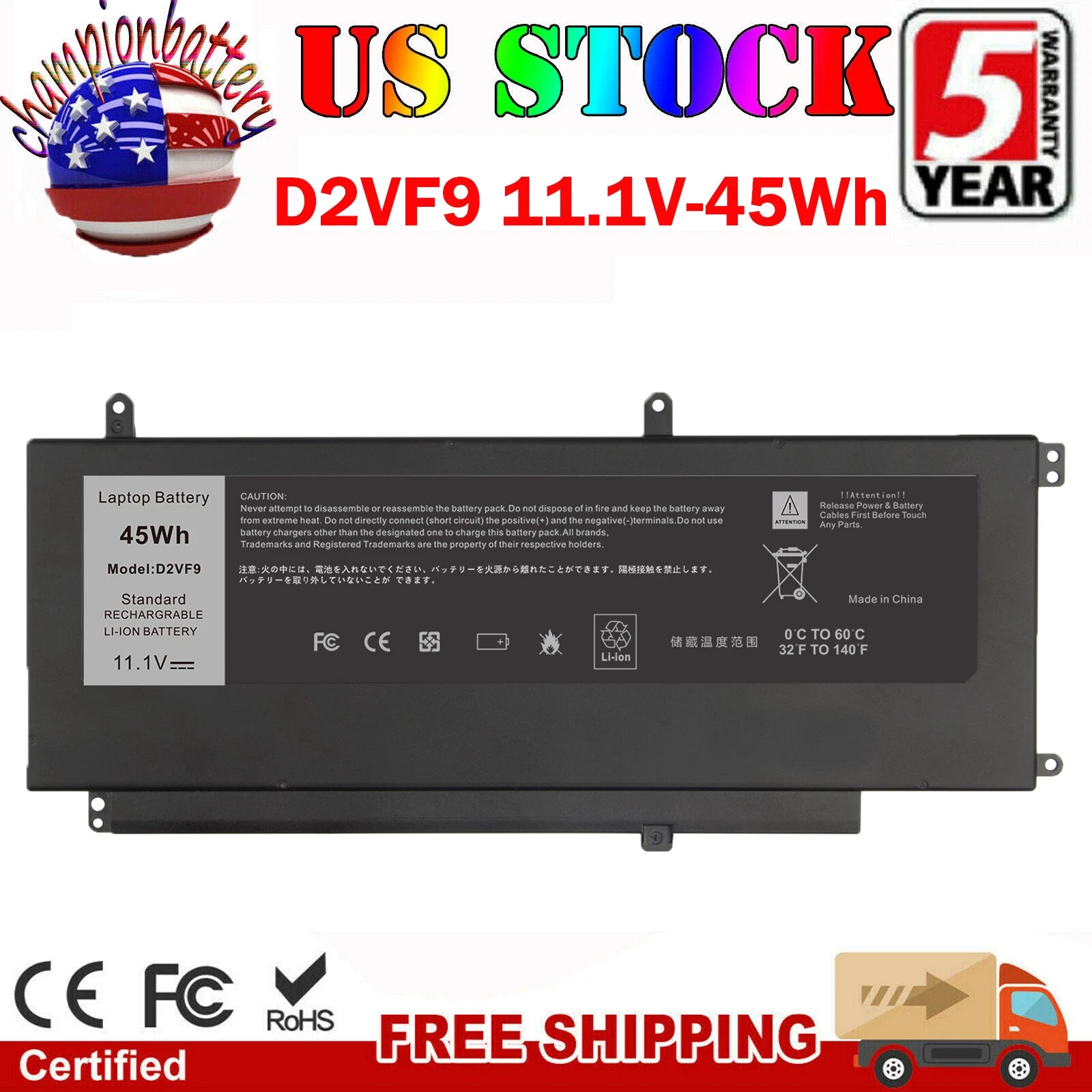 D2VF9 Battery for Dell Inspiron 15 7000 Series 15-7547 15-7548 14-5459 V5459 PC