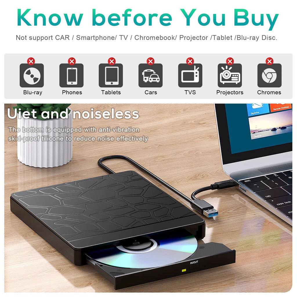 External CD/DVD Drive Player USB3.0 RW Burner ROM Reader Writer SD/TF Slot 2 USB
