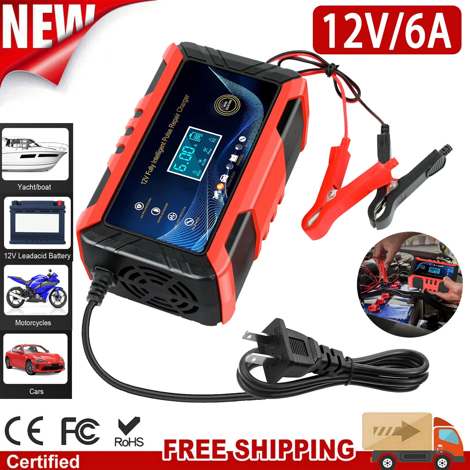 12V/6A Car Battery Charger Smart Automatic Pulse Repair Trickle Charger AGM GEL
