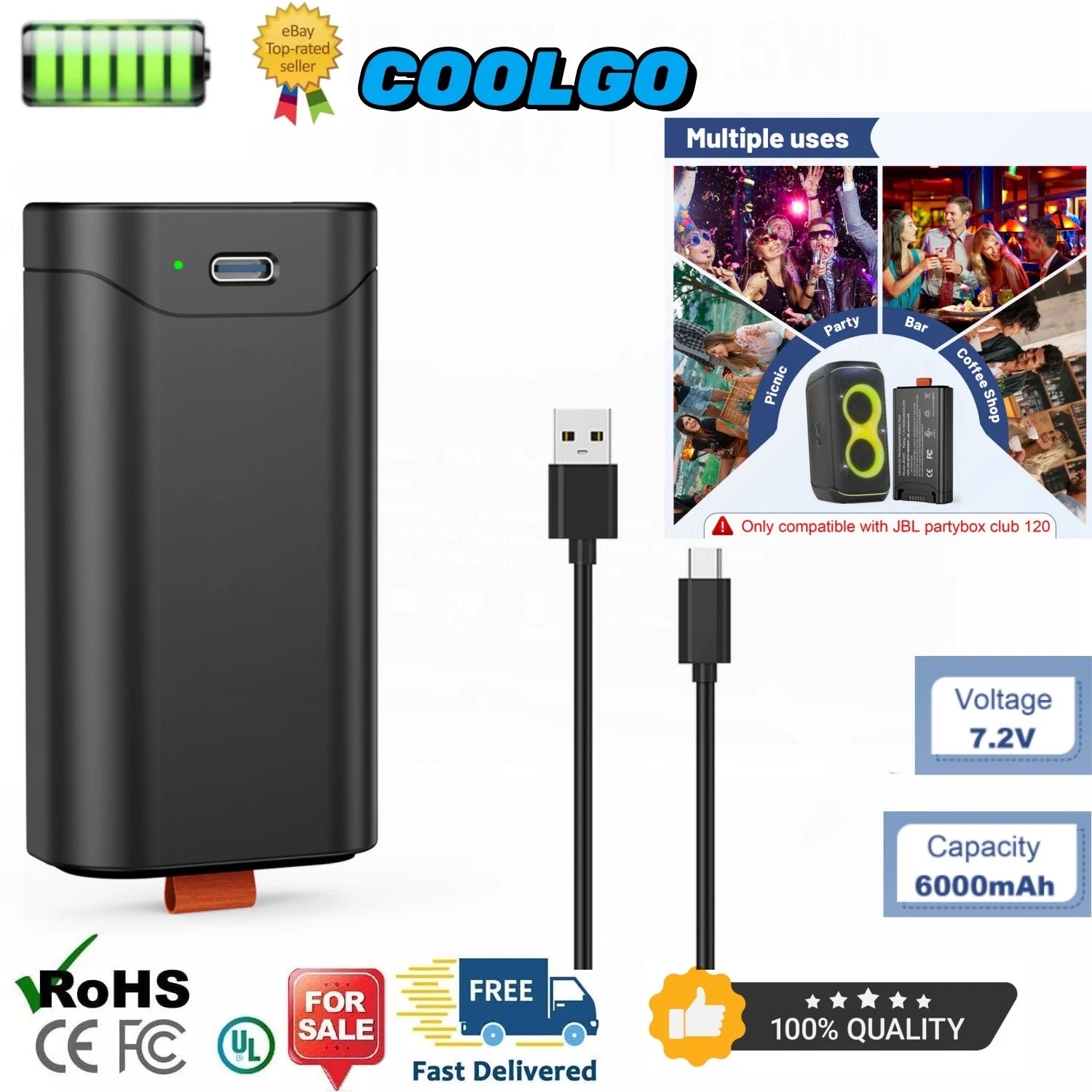 6000mah Battery For JBL PartyBox Club 120 Portable Bluetooth Speaker with Type-C