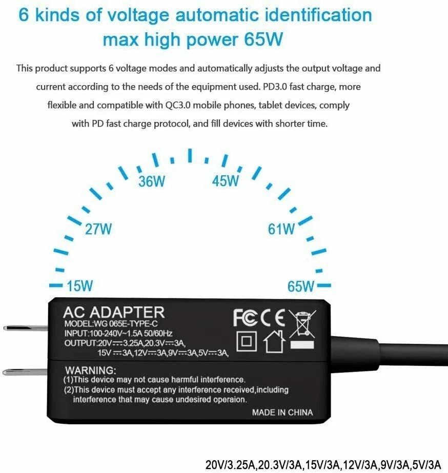 65W Type USB-C Wall Charger Power Adapter for Macbook Pro 13 Inch 2016-2020 Air