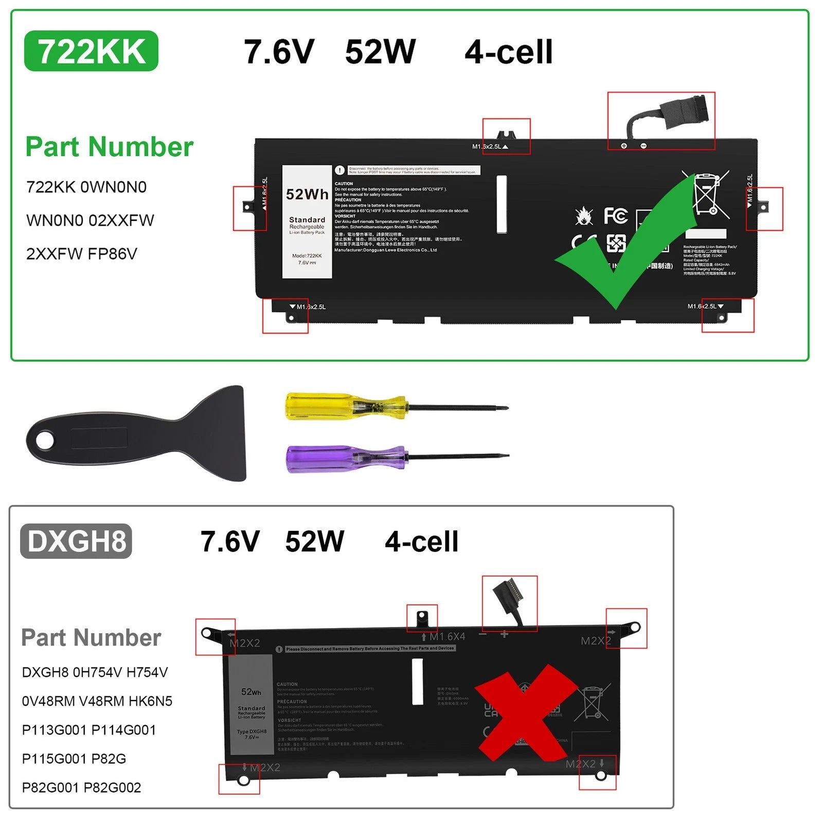 Battery 722KK For Dell XPS 13 9300 9310 9380 2XXFW FP86V 0FP86V 02XXFW 7.6V 52Wh