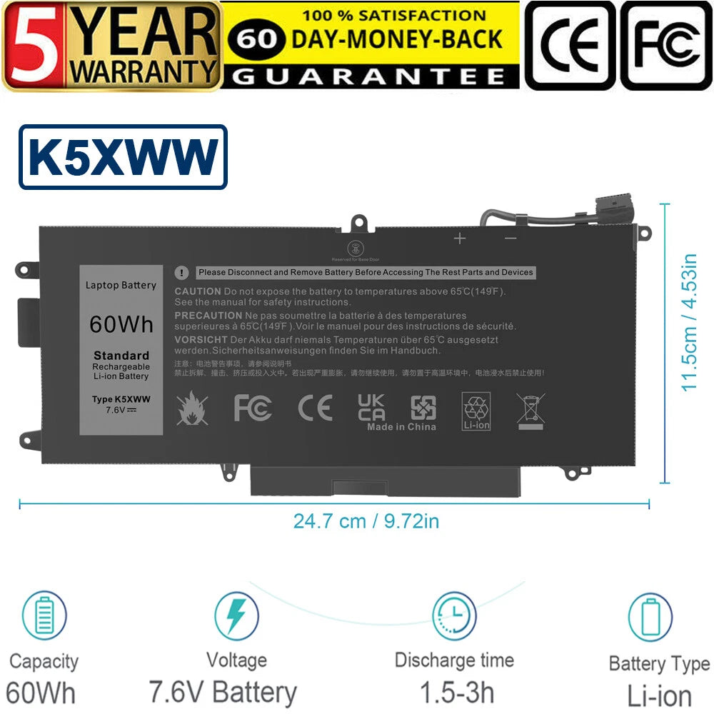 K5XWW Battery for Dell Latitude 7389 7390 L3180 5285 5289 2 in 1 71TG4 60Wh