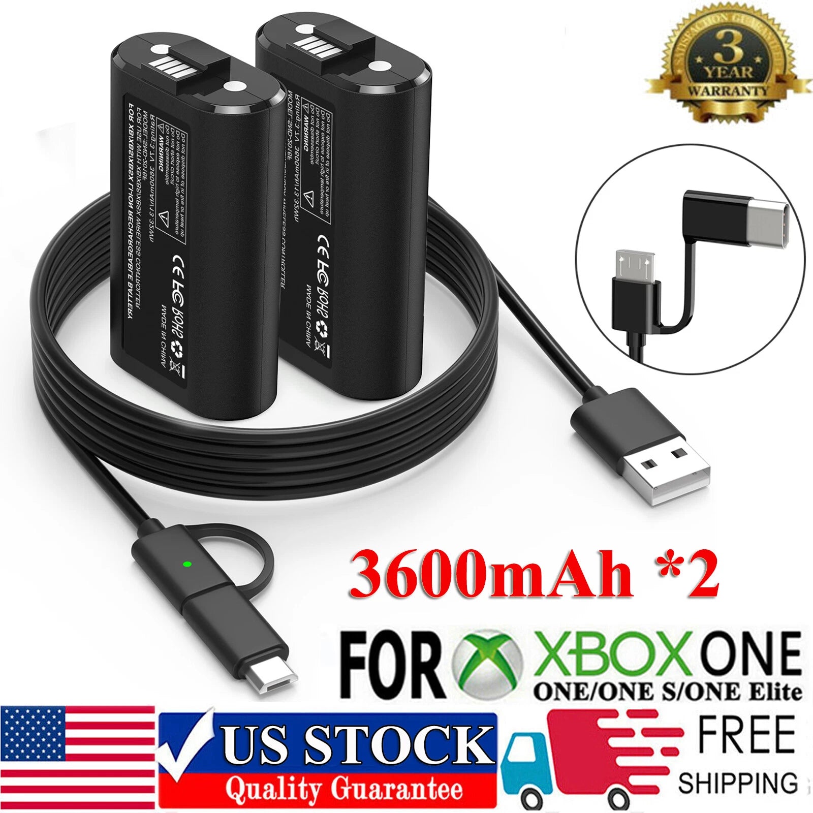 3600mAh Rechargeable Battery Pack USB Type-C for Microsoft Xbox One / Series X/S