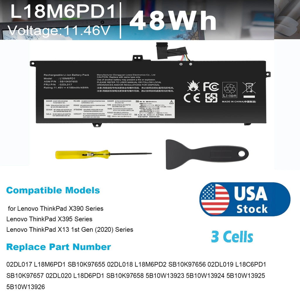 NEW L18M6PD1 Battery For Lenovo X390 X395 SB10K97655 02DL017 02DL018 11.46V-48Wh