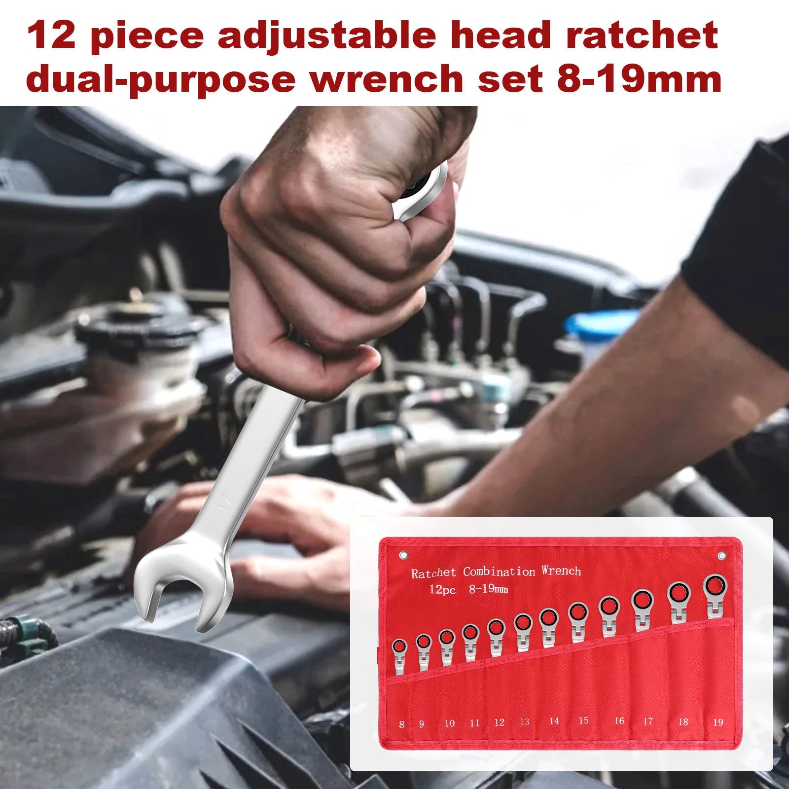 12Pc 8-19mm Metric Flexible Head Ratcheting Wrench Combination Spanner Tool Set