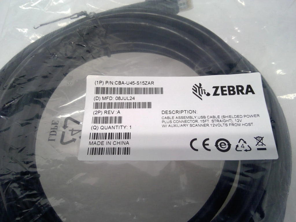 Zebra CBA-U45-S15ZAR Shielded USB Power Plus Cable 15ft Straight 12V DS3608