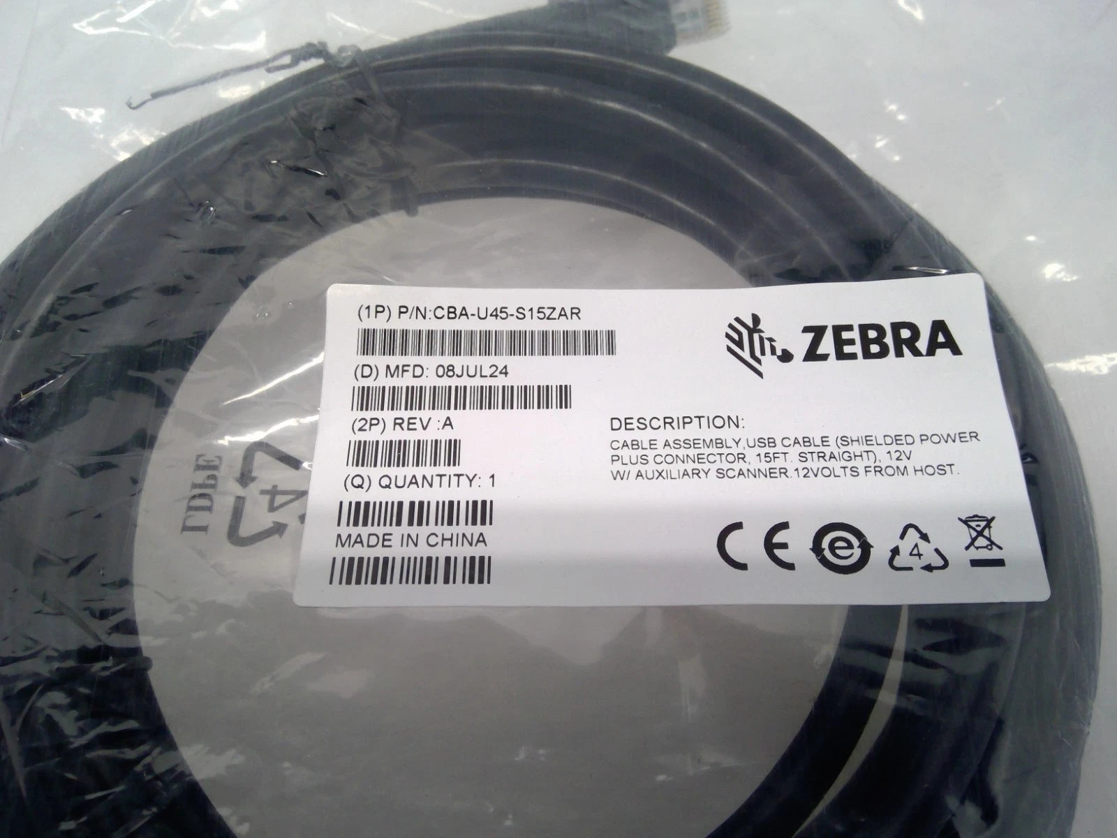 Zebra CBA-U45-S15ZAR Shielded USB Power Plus Cable 15ft Straight 12V DS3608