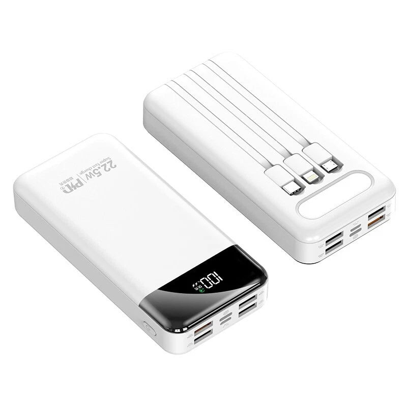 Portable Power Bank 20000mAh Fast Charging Battery with 3 Built in Cable BLK/WHT
