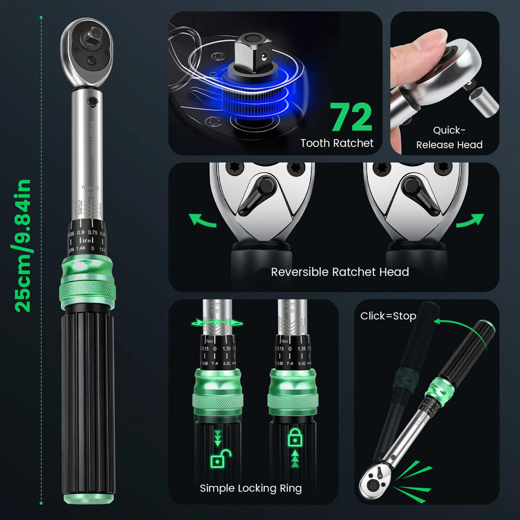 ?32Pcs 1/4'' Drive Adjustable Click Torque Wrench 2.5-25NM w/ Extension Bar 2026