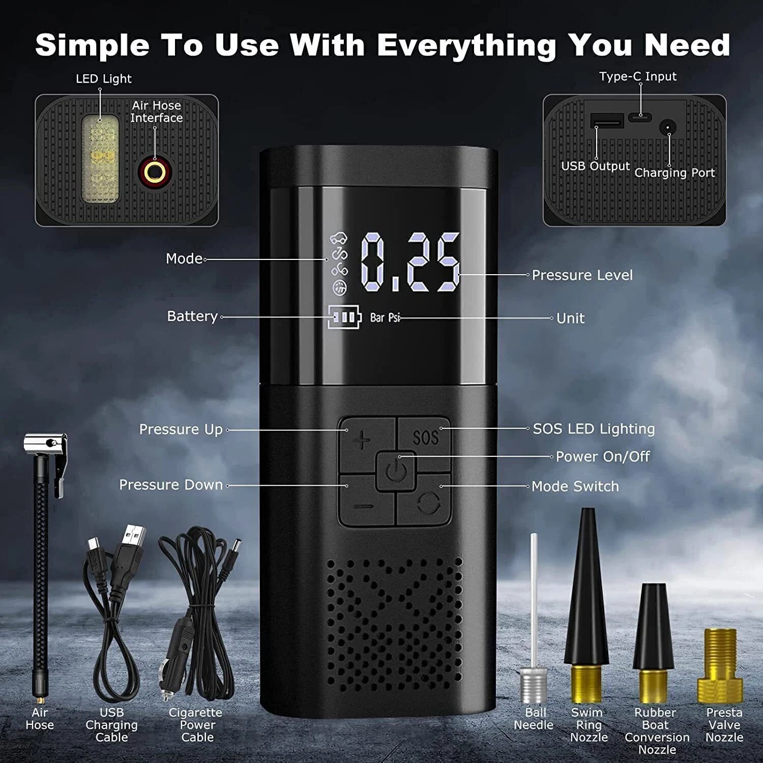 12V Cordless Inflator Compressor Air Pump Tyre Tube Repair Tools for Car Bike