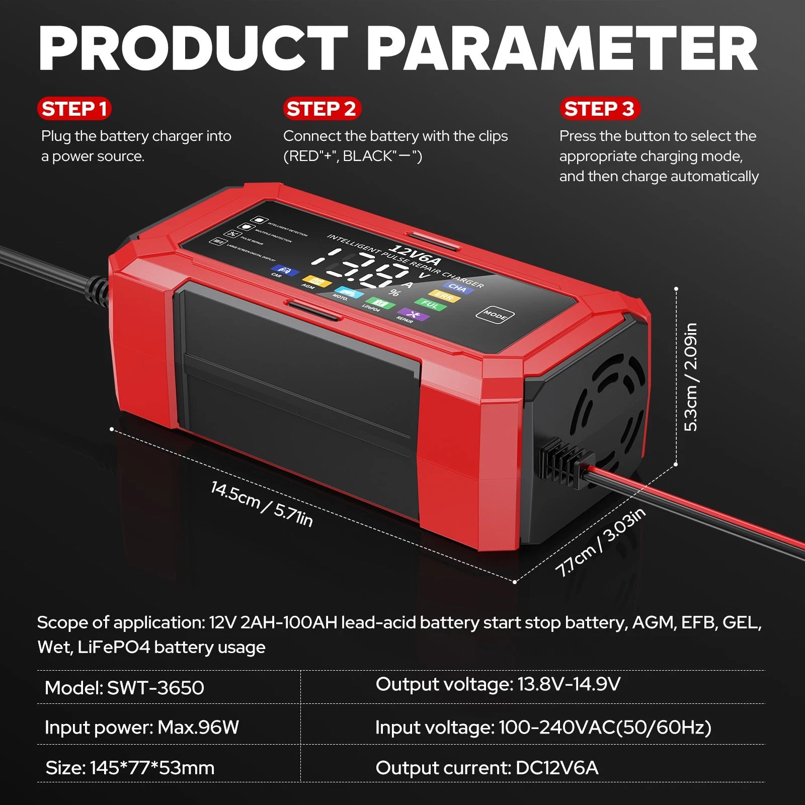 12V 6A Smart Car Battery Charger Automatic Lifepo4 Repair Maintainer Trickle New