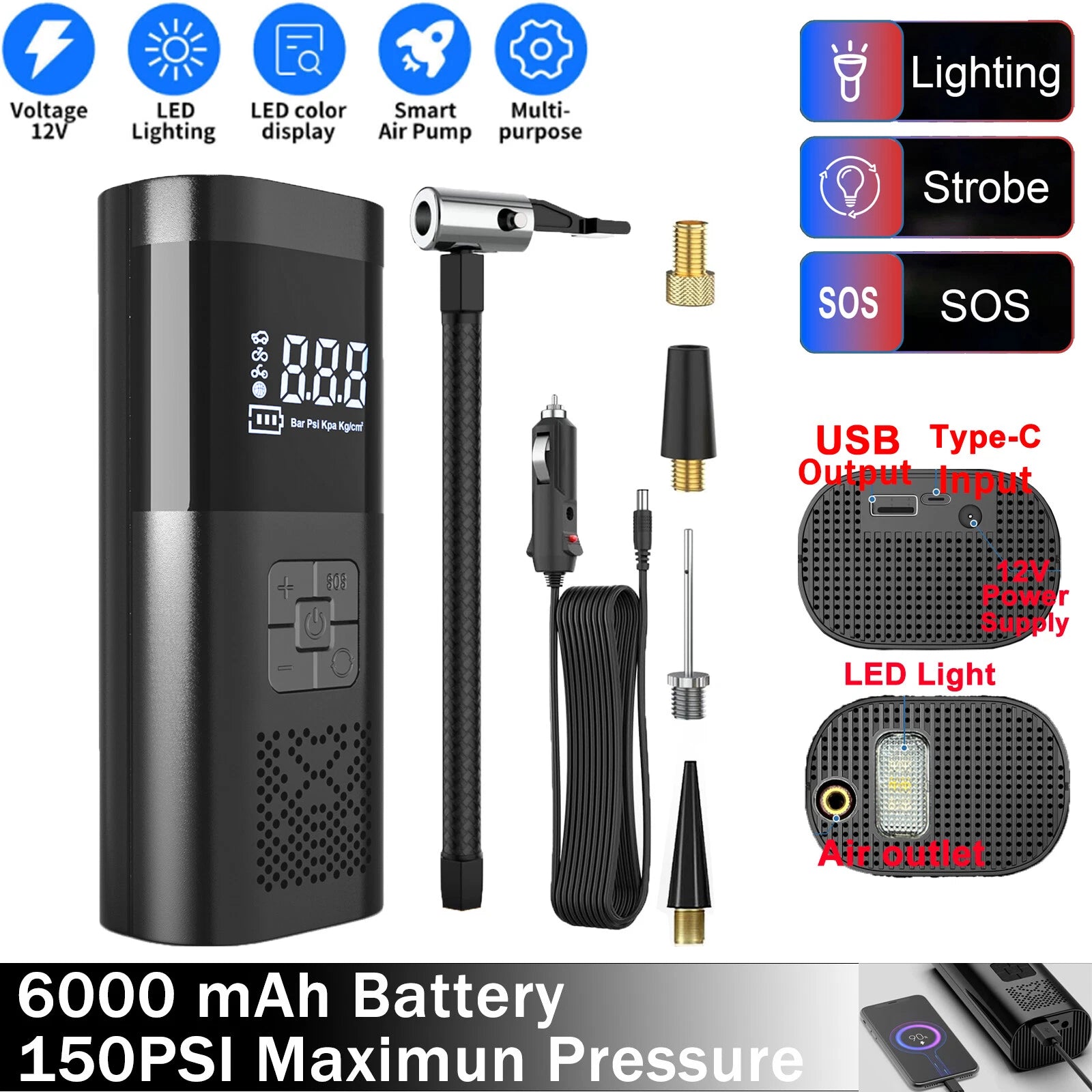 Cordless Tire Inflator Air Compressor Air Pump 6000mAh Rechargeable Battery