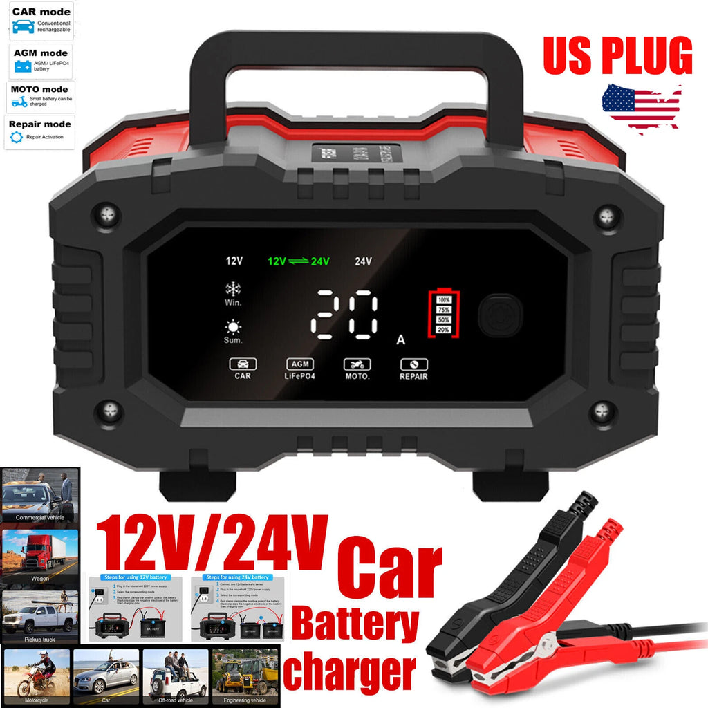 20A Smart Car Battery Charger Maintainer 12V 24V LiFePO4 AGM Trickle Charger US