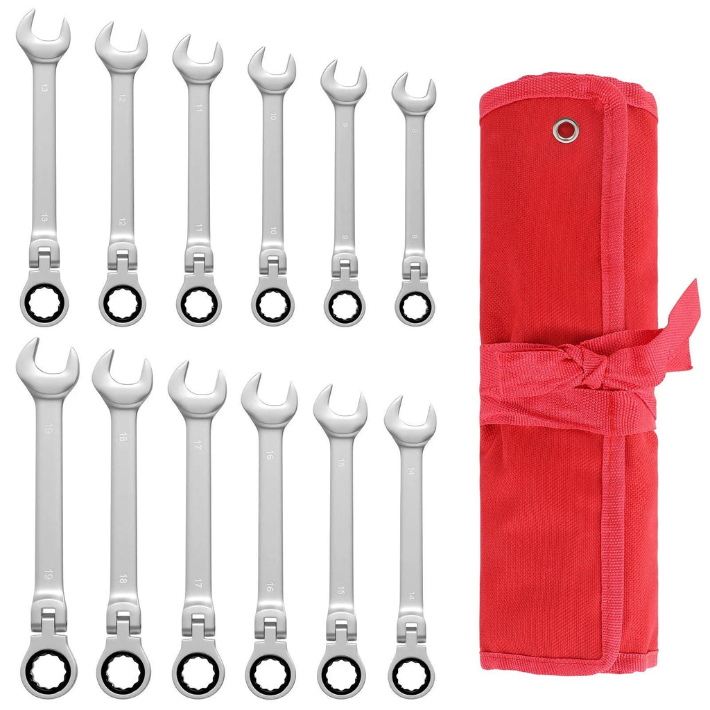 12Pc Metric Flexible Head Ratcheting Spanner Wrench Tool Set 8-19mm+Roll Bag2026