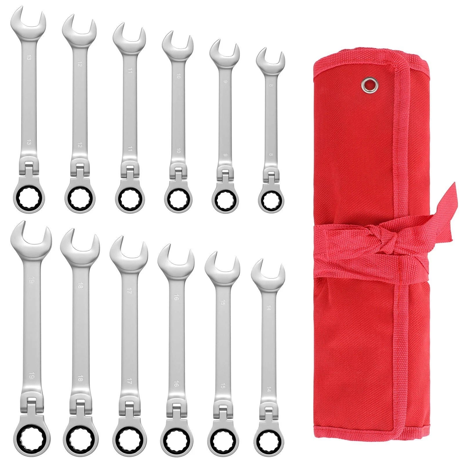 12Pc Metric Flexible Head Ratcheting Spanner Wrench Tool Set 8-19mm+Roll Bag2026