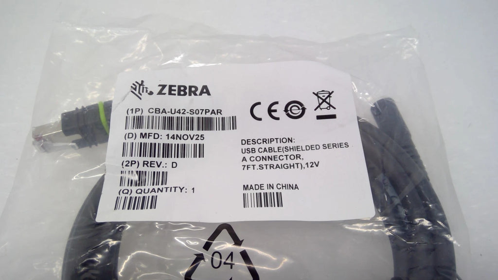 NEW ZEBRA CBA-U42-S07PAR REVISION C, SHIELDED USB CABLE ASSEMBLY 7FT 12V