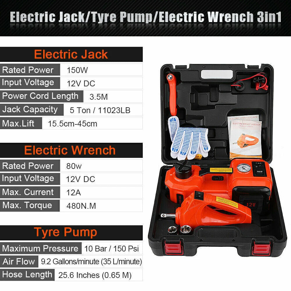 5 Ton 12V Electric Hydraulic Car Jack Lift Kit Impact Wrench for Emergency Tyre