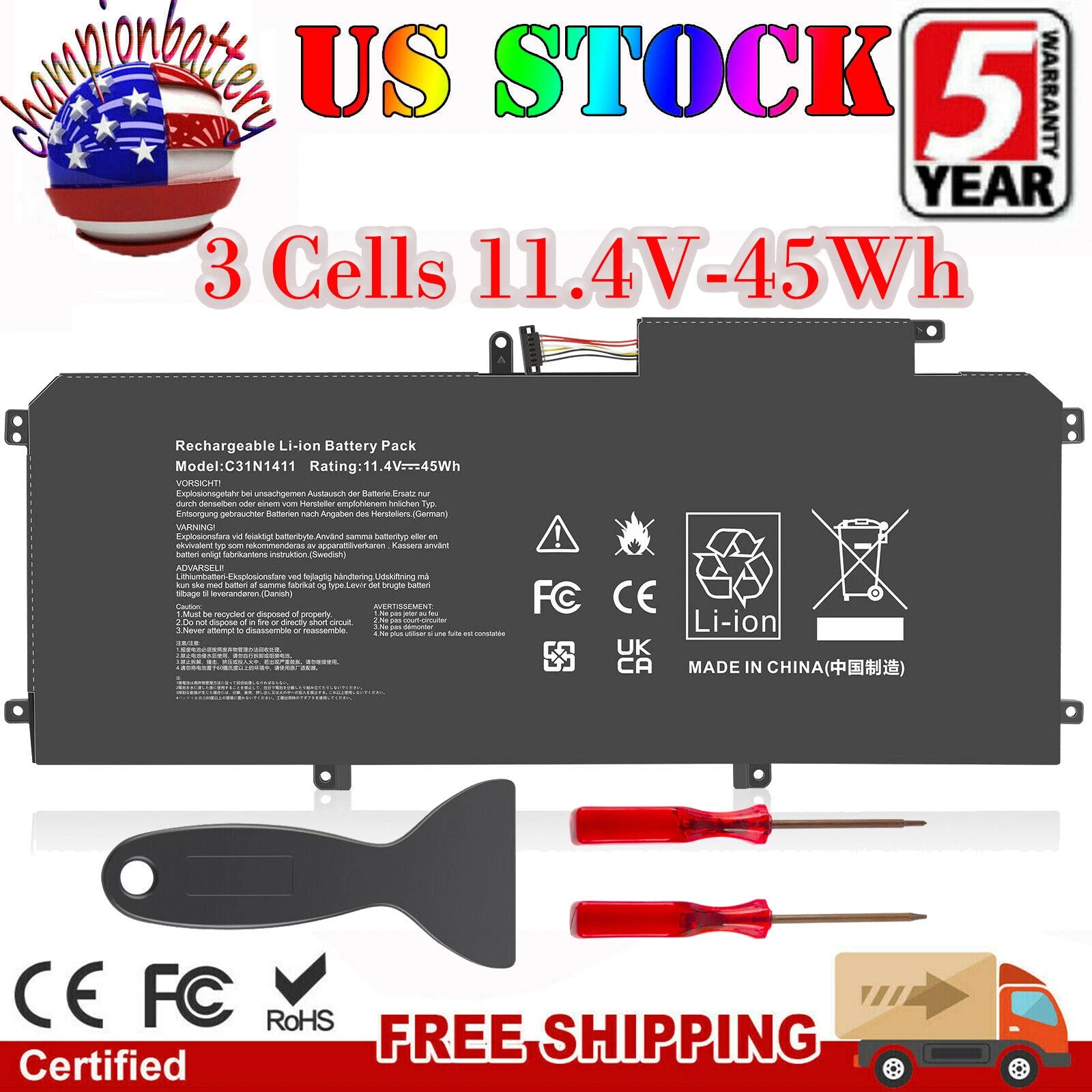 C31N1411 Battery For ASUS Zenbook UX305 UX305L UX305F UX305C Laptop 11.4V 45Wh