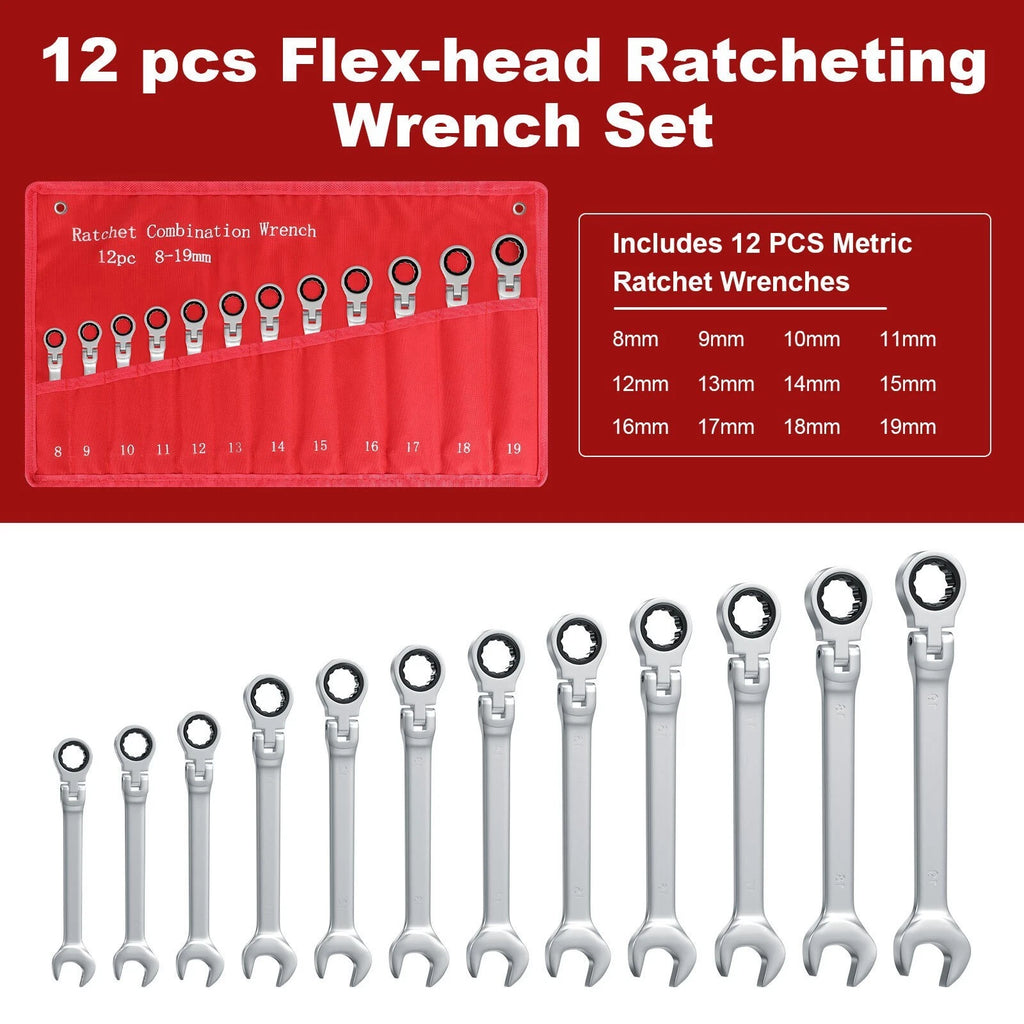 12Pc Metric Flexible Head Ratcheting Spanner Wrench Tool Set 8-19mm+Roll Bag2026