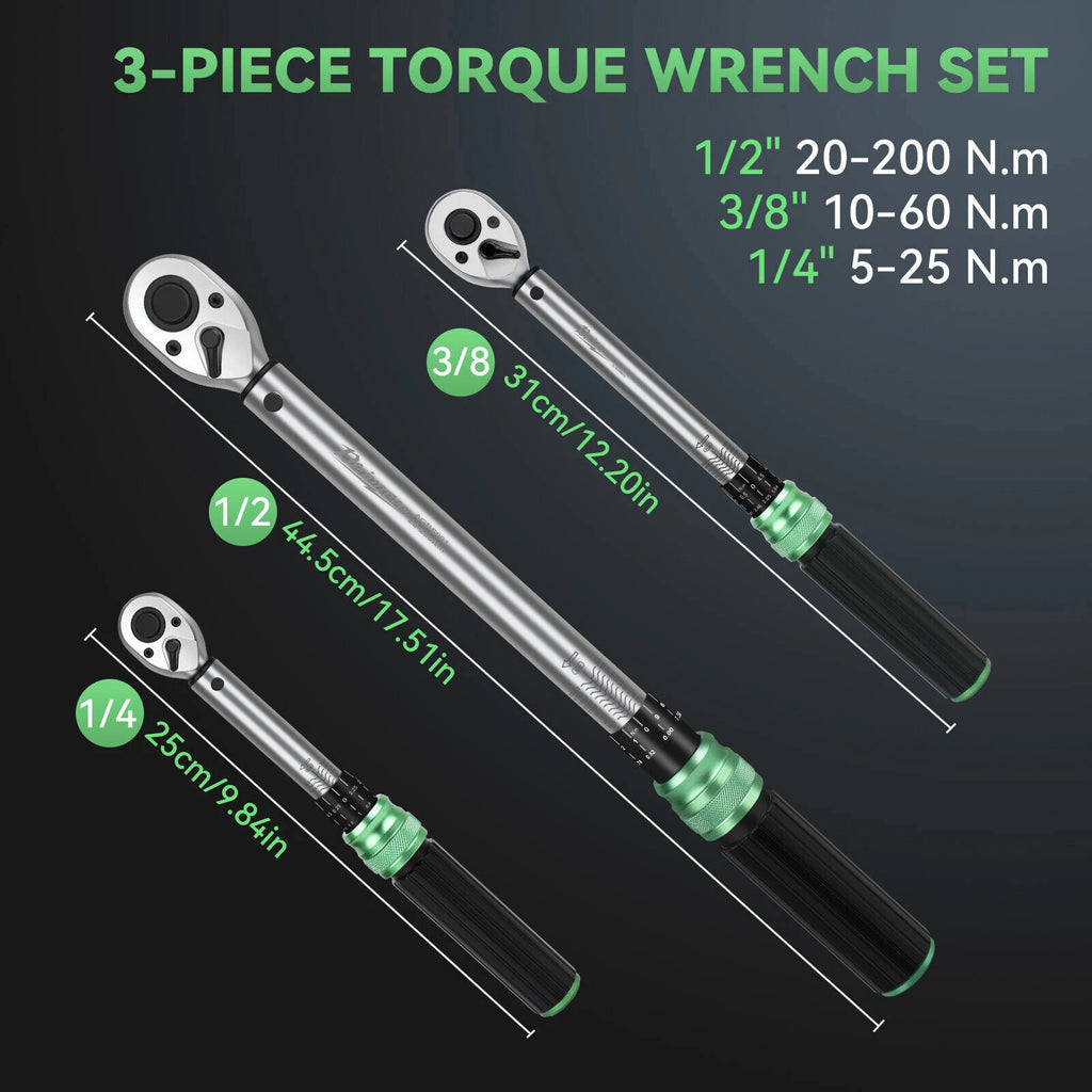 ?Set of 3- 1/4" 3/8" 1/2" Drive Click Type Torque Wrench Snap Socket Reversible