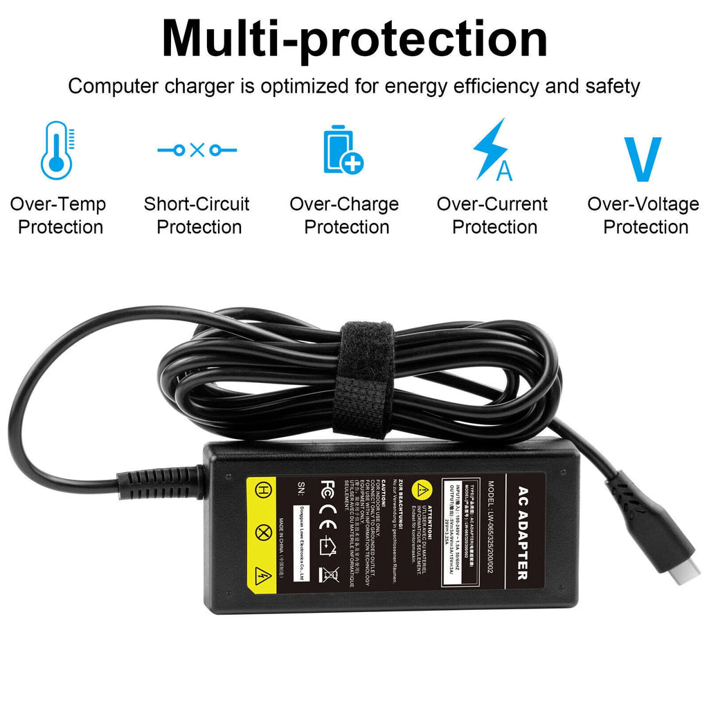 65W USB-C Type C AC Adapter Laptop Charger for Dell XPS 13 9350 9360 9365-2in1