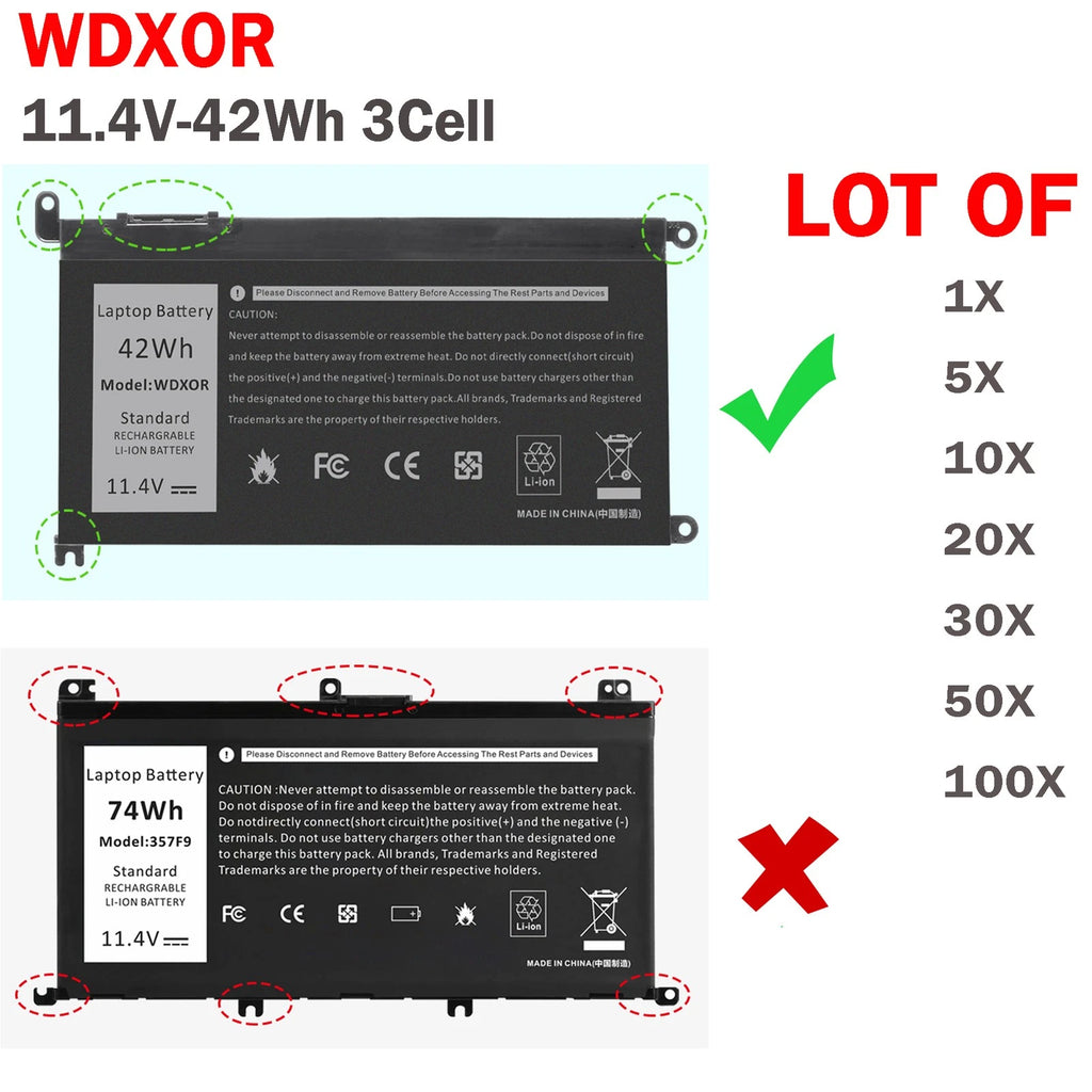 ??LOT 1-100x WDX0R WDXOR Battery For Dell Inspiron 13 5368 5378 5379 7368 7378