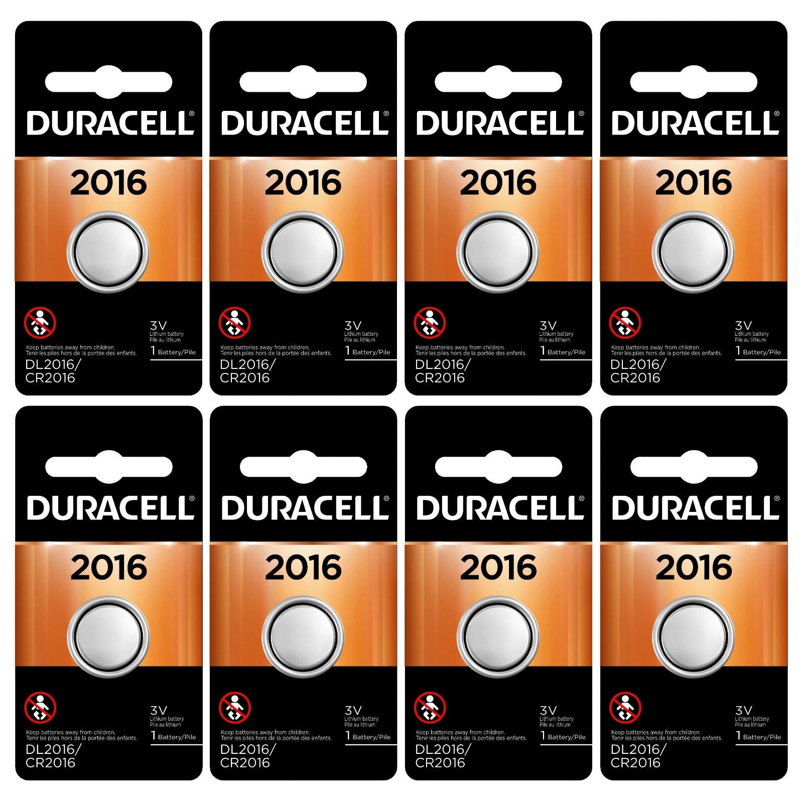 8 2016 Duracell Coin Cell Batteries - Lithium 3V - (CR2016, ECR2016, DL2016)