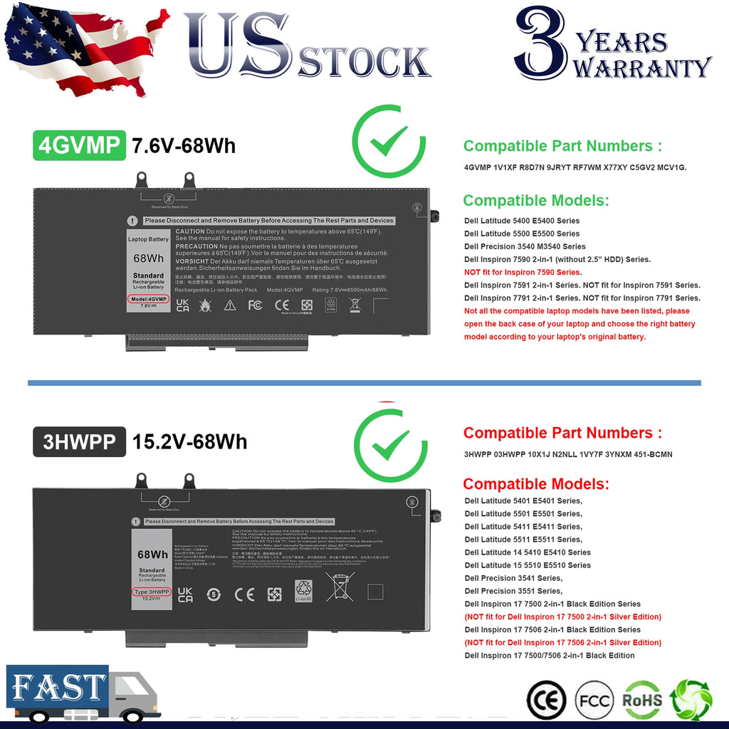 4GVMP 3HWPP Battery For Dell Latitude 5400 5500 5401 5501 Precision 3540 3541
