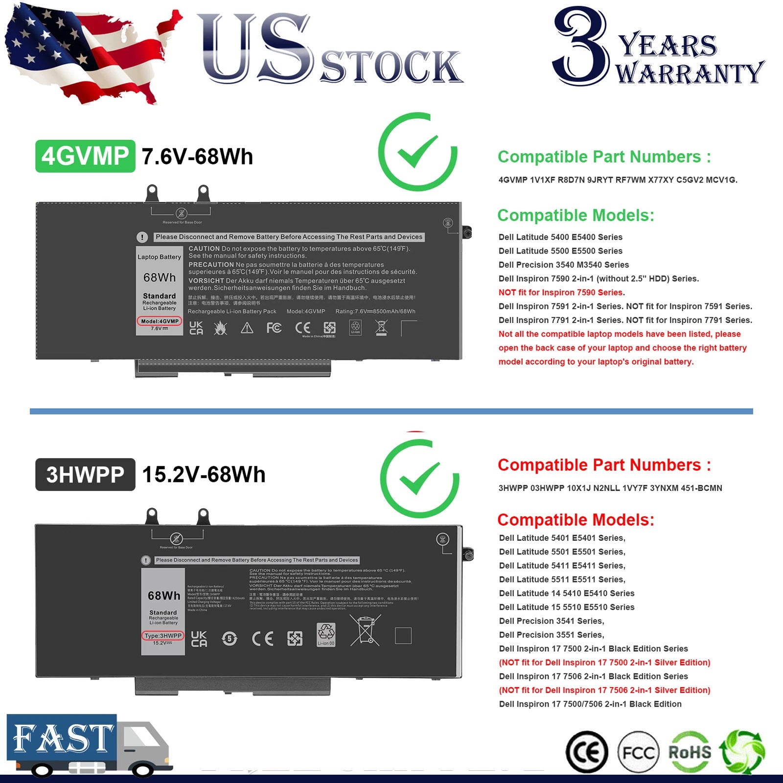 4GVMP 3HWPP Battery For Dell Latitude 5400 5500 5401 5501 Precision 3540 3541