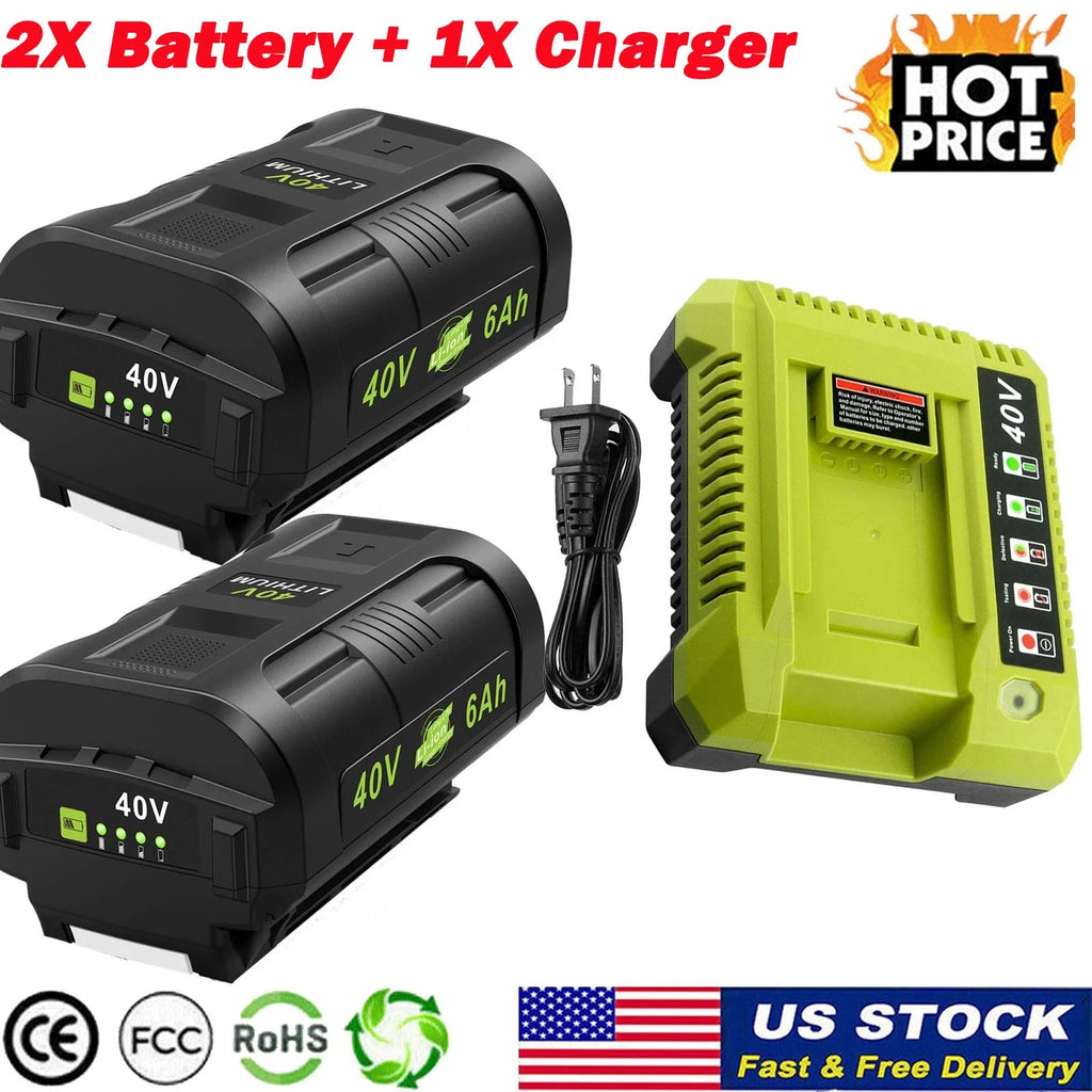 2X 6.0Ah Battery for Ryobi 40V Lithium OP40602 Battery OP401 40Volt Fast Charger
