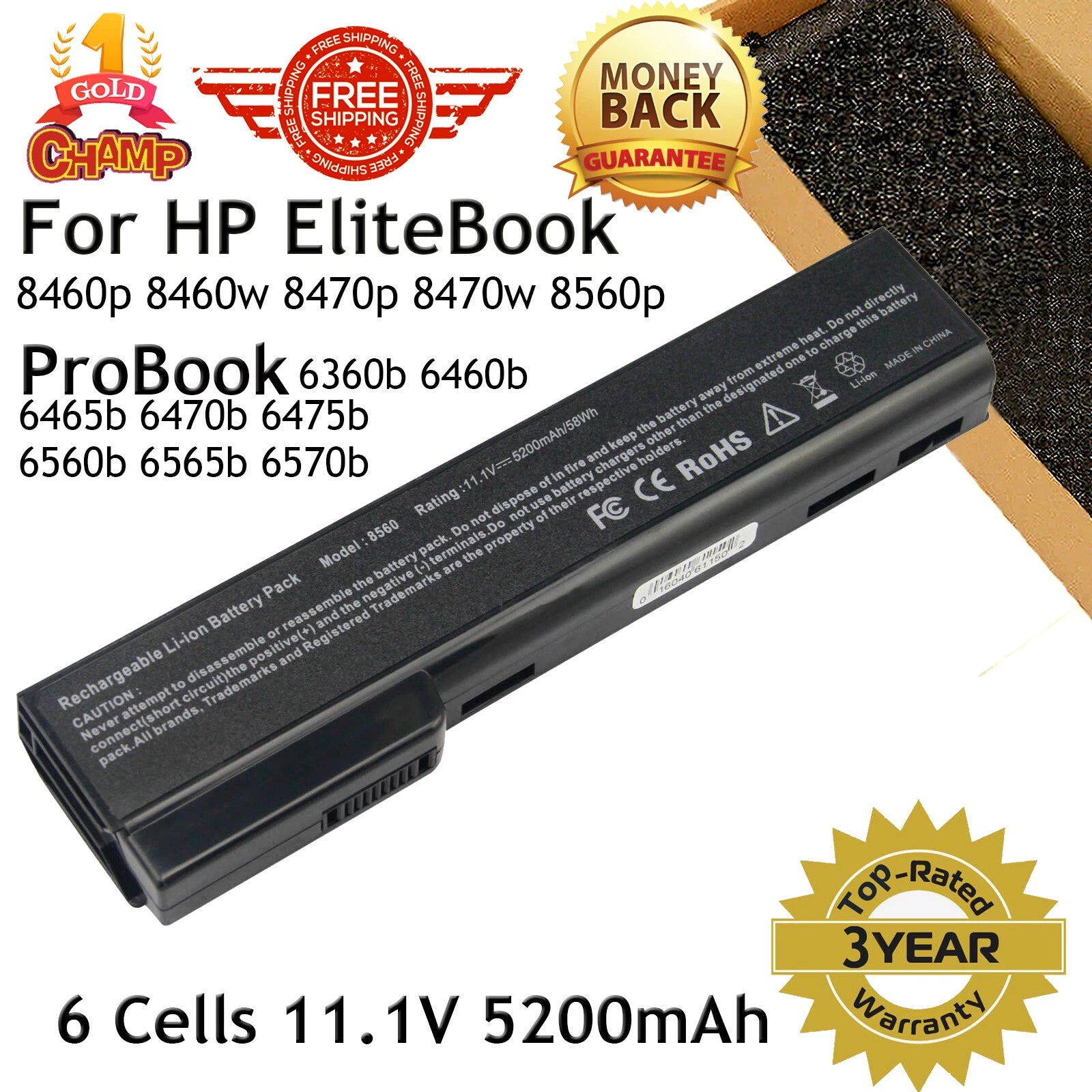 Battery for HP EliteBook 8460p 8460w 8470p 8470w 8560p 8570p CC06 CC06X CC06XL