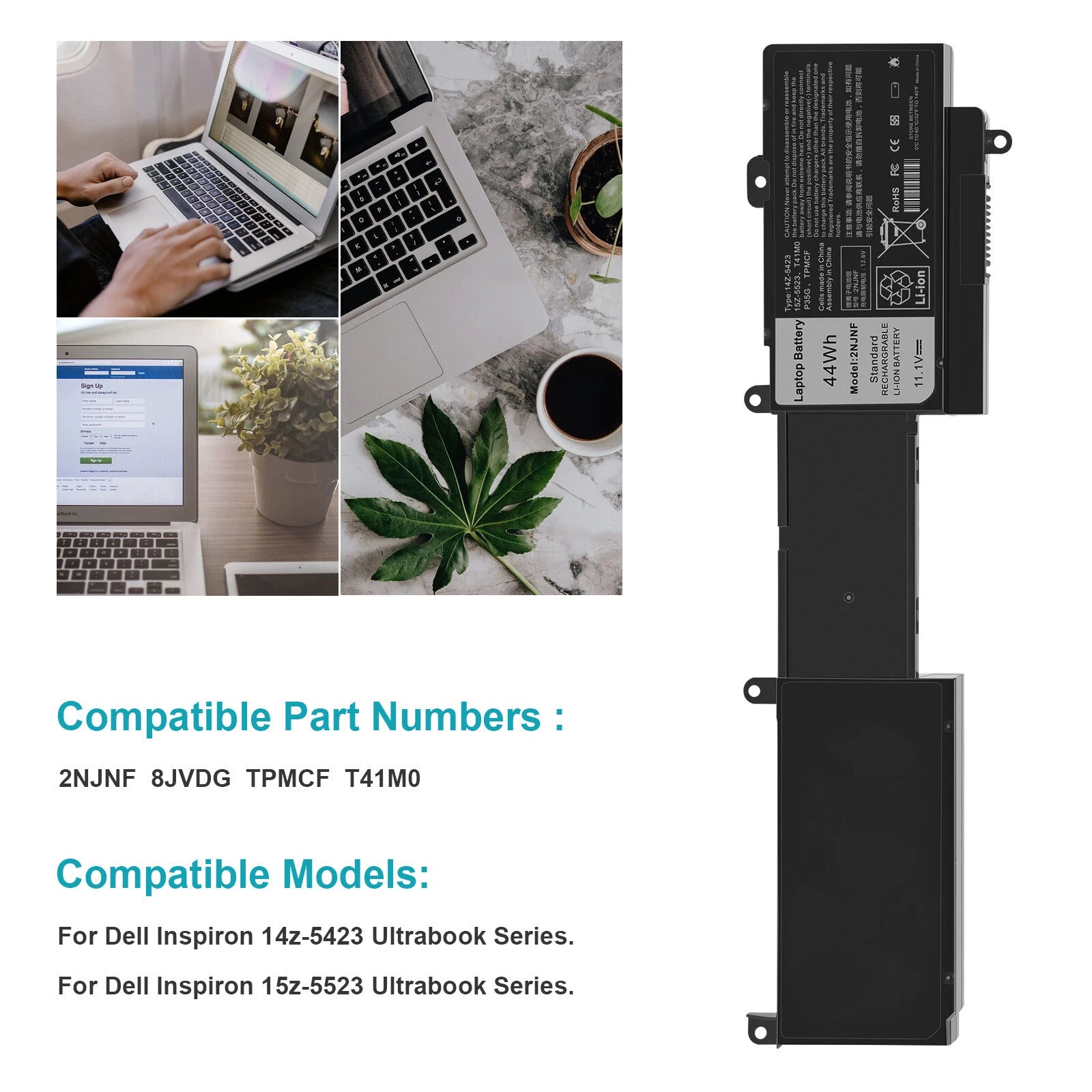 ?2NJNF Battery for Dell Inspiron 14z-5423 15z-5523 TPMCF T41M0 8JVDG 11.1V 44Wh